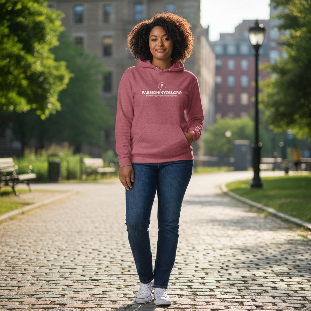 The Hocking Hills Store heathered rose Gildan G185 adult heavy blend 50/50 cotton polyester hoodie with a double-lined hood and pouch pocket.