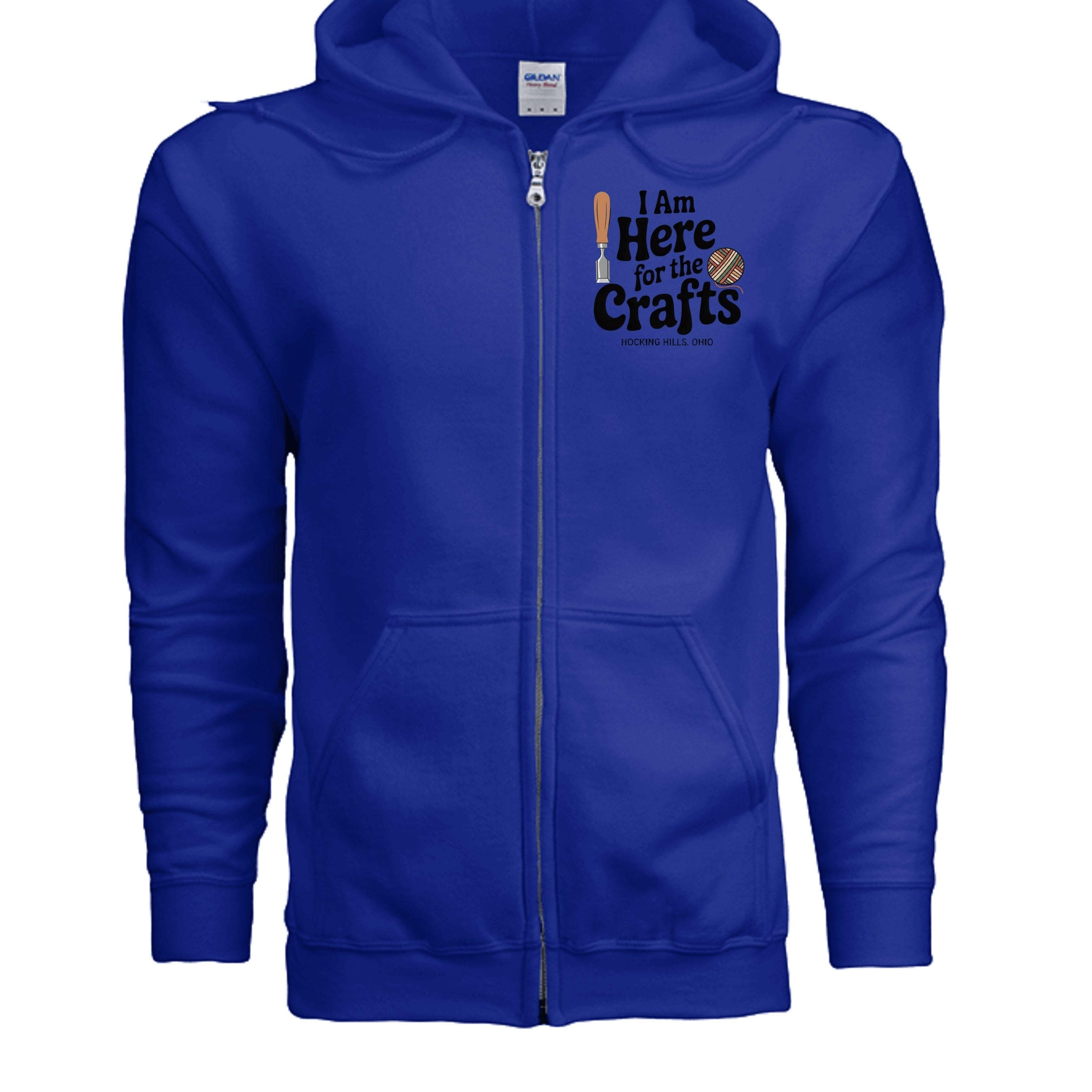 The Hocking Hills Store royal blue Gildan G186 heavy blend zip-up hoodie with