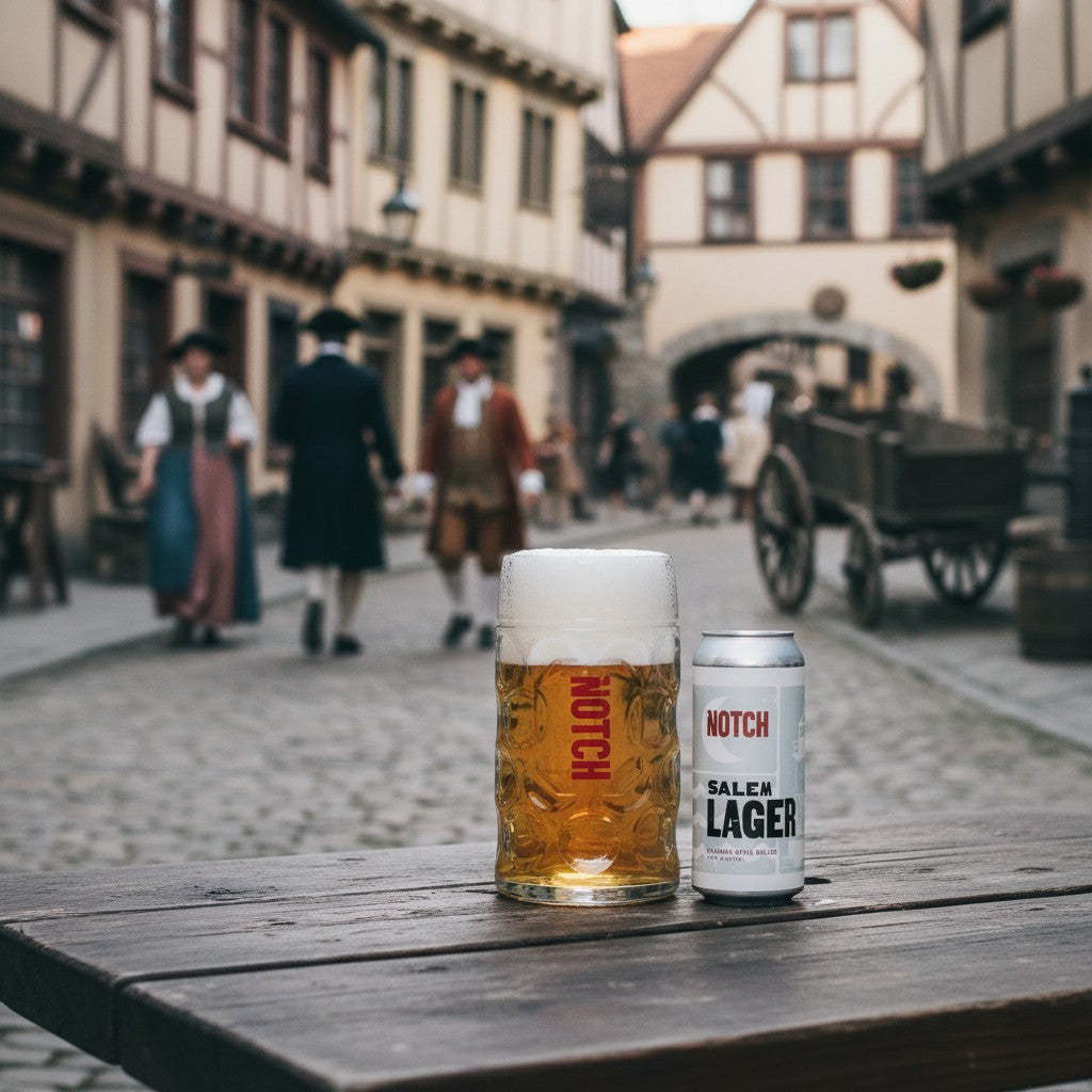 The Hocking Hills Store Salem Lager, a Bavarian-style Helles beer in a can and a glass stein.