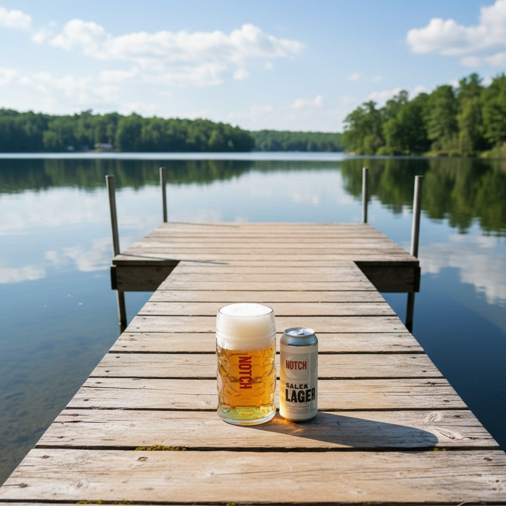 The Hocking Hills Store Salem Lager, a Bavarian-style Helles beer in a can and a glass stein. The beer is golden with a thick white head.