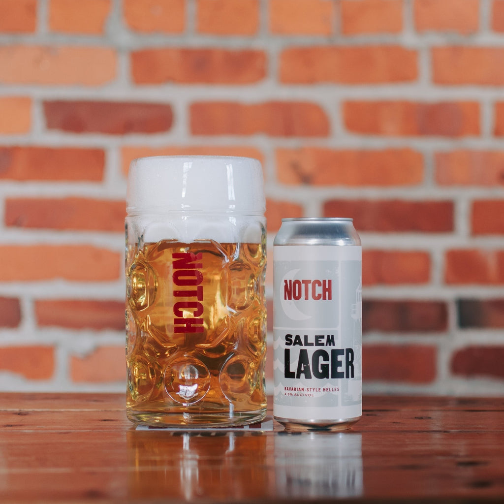 The Hocking Hills Store Salem Lager, a Bavarian-style Helles beer, in a glass stein and a 16oz can.