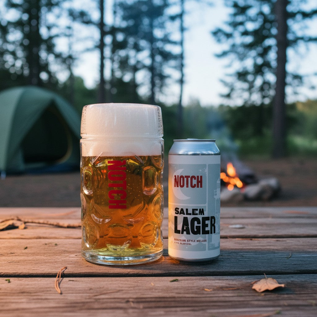 The Hocking Hills Store Salem Lager, a Bavarian-style Helles beer in a 16oz can and a glass stein, with a brick wall background.