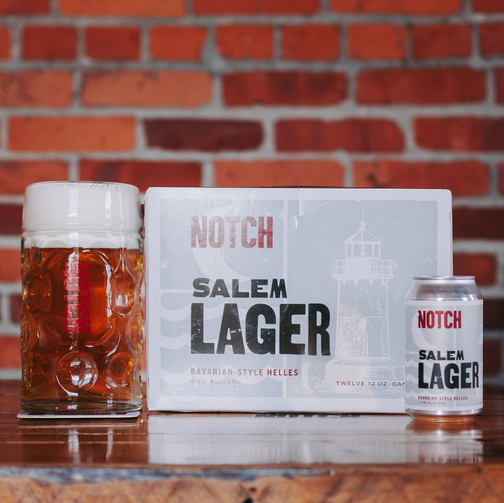 The Hocking Hills Store Salem Lager Bavarian-Style Helles beer in a dimpled glass mug and a 12oz can.