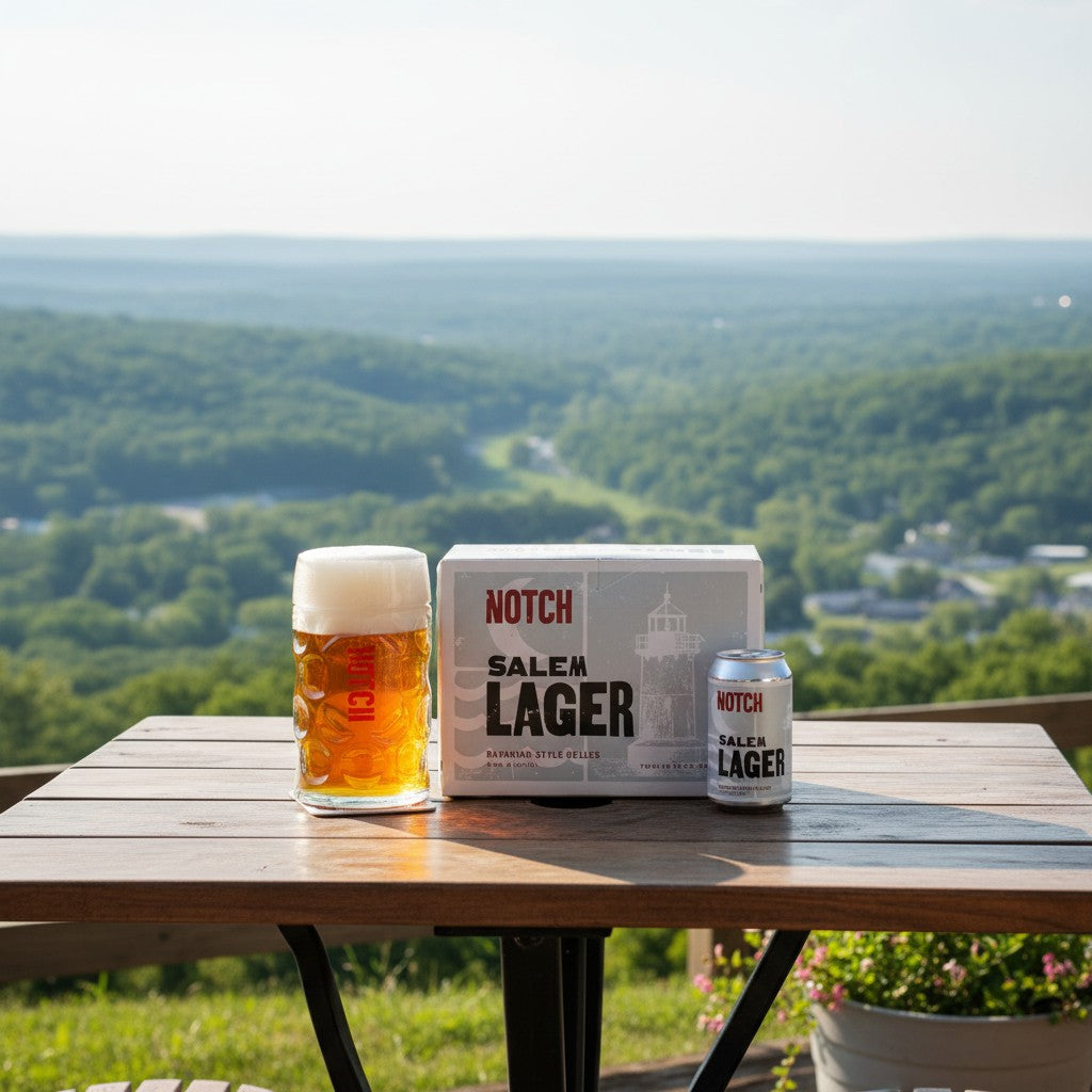 The Hocking Hills Store Salem Lager Bavarian-Style Helles beer in a stein and a 12oz can.