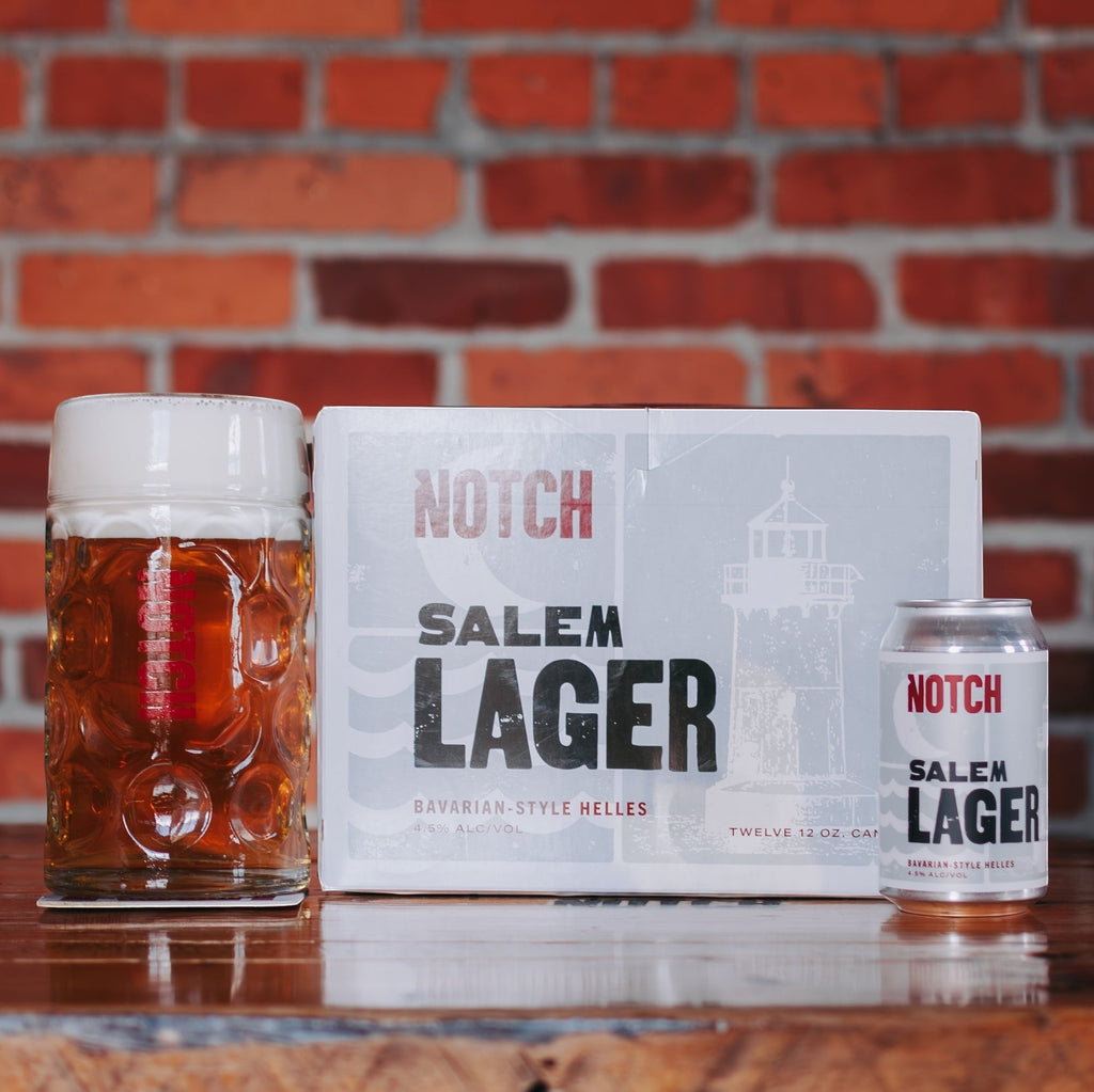 The Hocking Hills Store Salem Lager Bavarian-style Helles beer in a dimpled stein and a 12oz can.