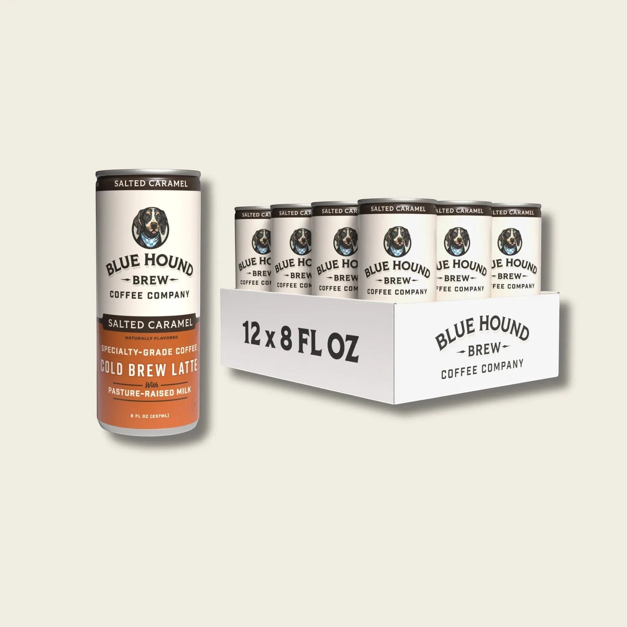 The Hocking Hills Store Salted Caramel Cold Brew Latte cans with pasture-raised milk. Pack of 12, 8 fl oz each.