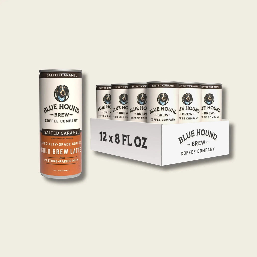 The Hocking Hills Store Salted Caramel Cold Brew Latte cans with pasture-raised milk.