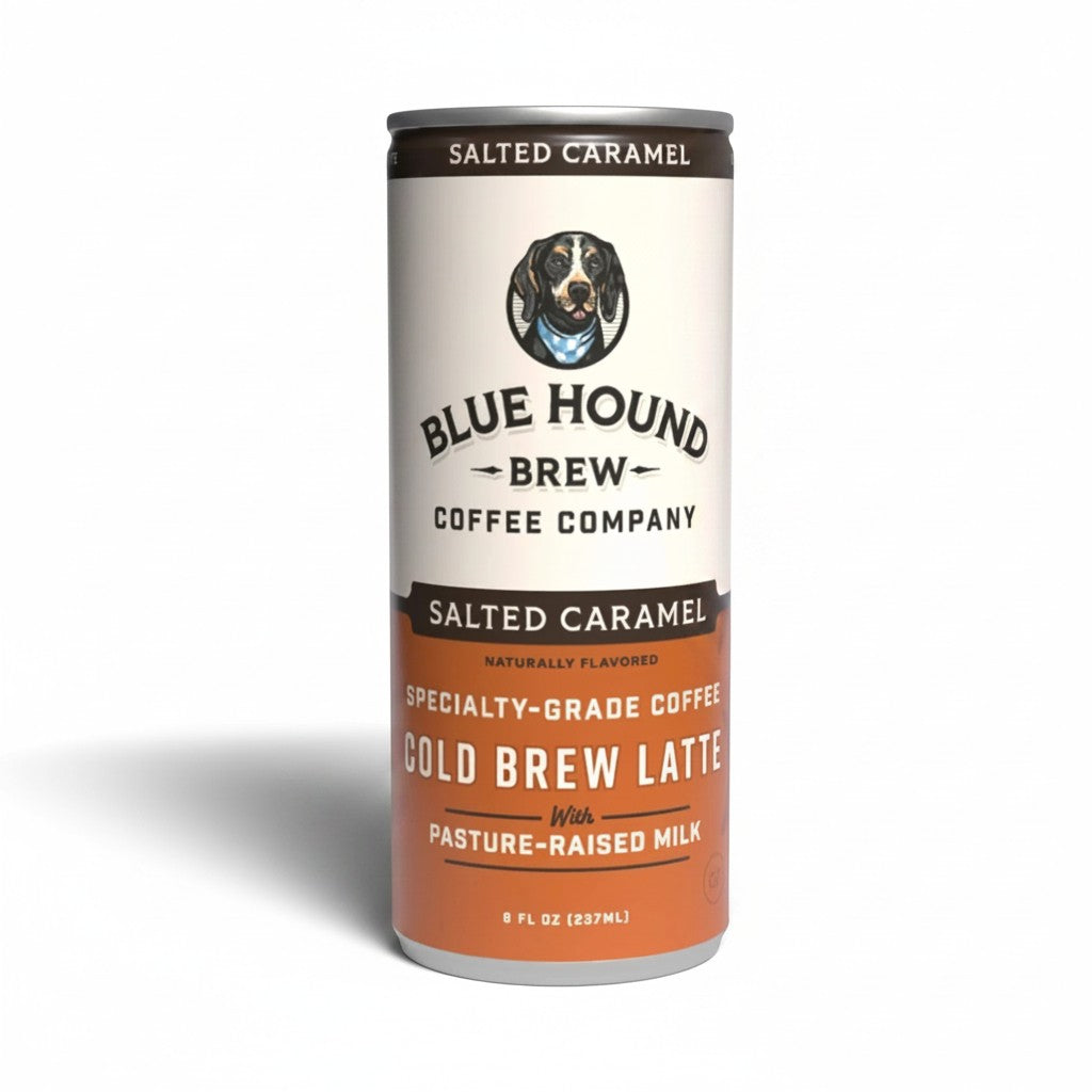 The Hocking Hills Store's Blue Hound Brew Salted Caramel Cold Brew Latte can with pasture-raised milk.