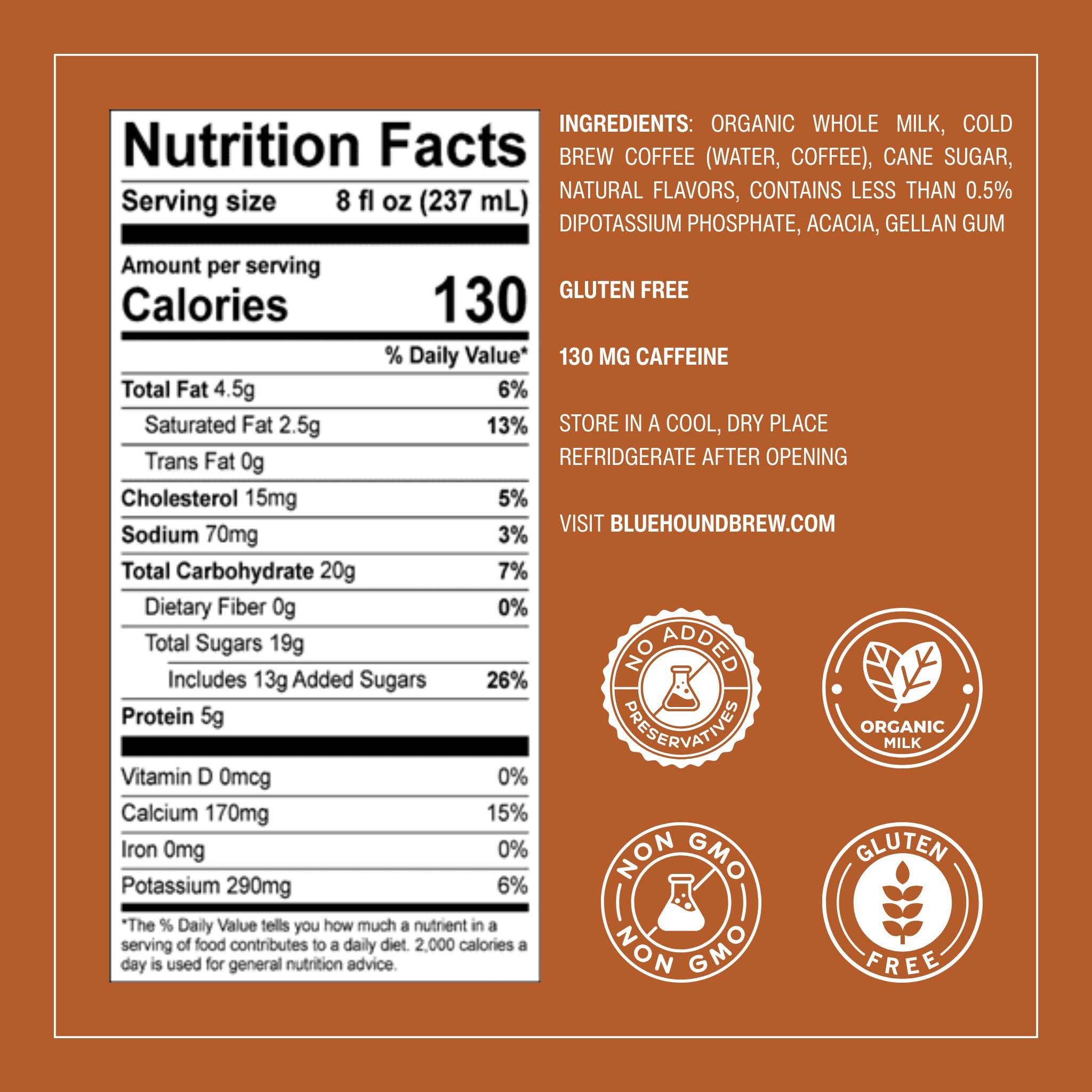 The Hocking Hills Store Salted Caramel Latte nutrition facts label, showing 130 calories per serving, ingredients, and certifications like organic milk and gluten-free.
