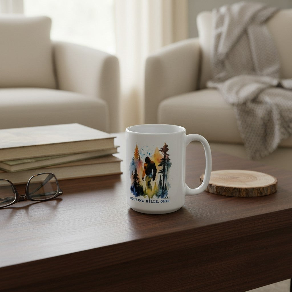 The Hocking Hills Store Sasquatch Big Foot watercolor ceramic coffee mug with forest design.