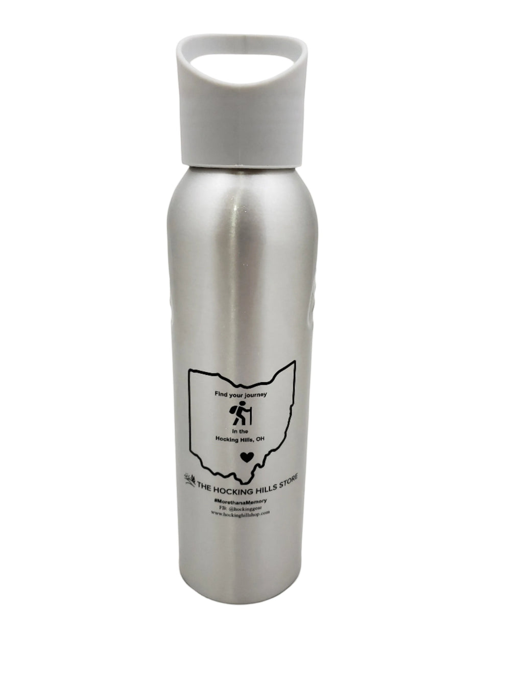 The Hocking Hills Store silver steel water bottle with grey lid and loop, featuring a map of Ohio graphic.