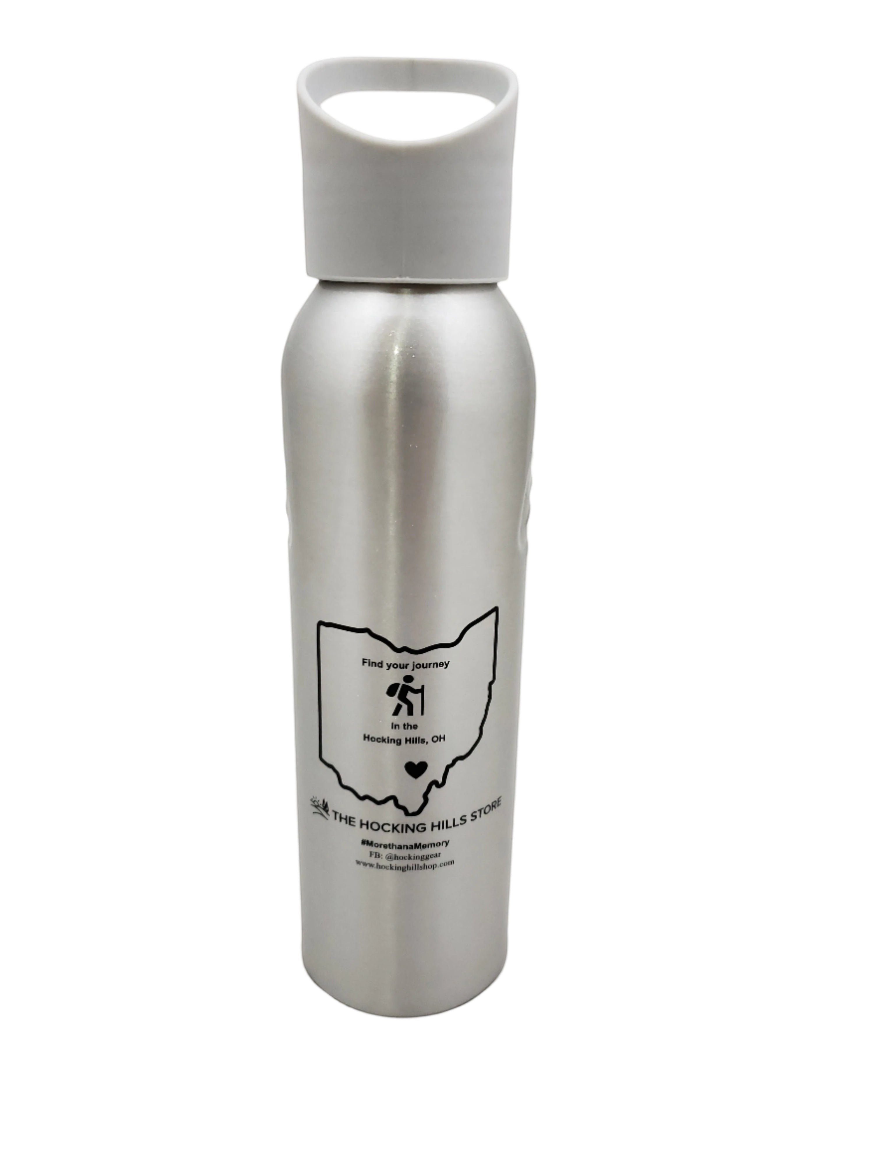 The Hocking Hills Store silver steel water bottle with grey lid and loop, featuring a map of Ohio graphic.