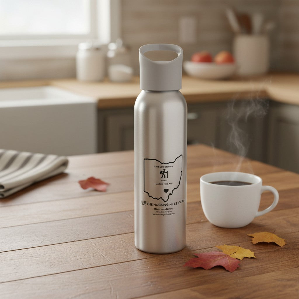 The Hocking Hills Store silver steel water bottle with grey lid and loop, featuring Ohio map graphic and hiking icon.