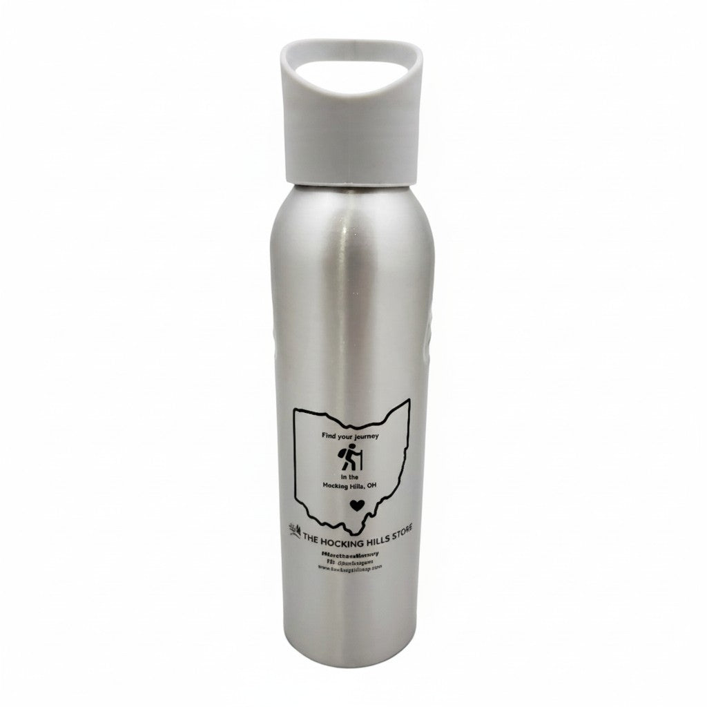The Hocking Hills Store silver steel water bottle with grey lid and loop, featuring a graphic of Ohio with hiking icon.