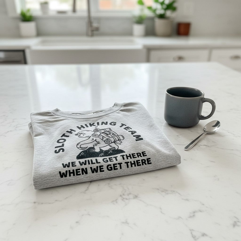 The Hocking Hills Store grey toddler t-shirt with a sloth graphic and 'Sloth Hiking Team' text.