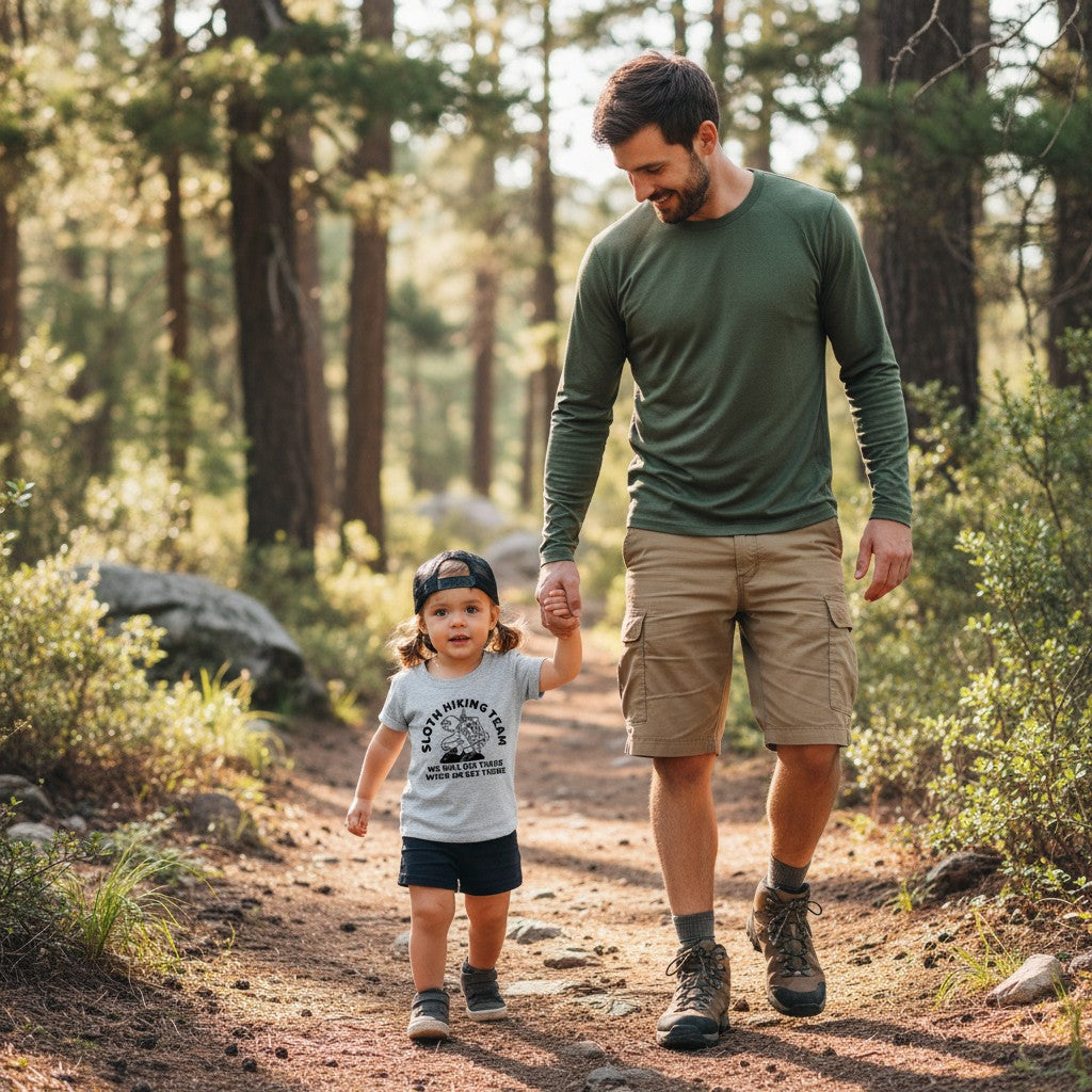 The Hocking Hills Store grey toddler t-shirt with a sloth hiking graphic and text "Sloth Hiking Team We Will Get There When We Get There".