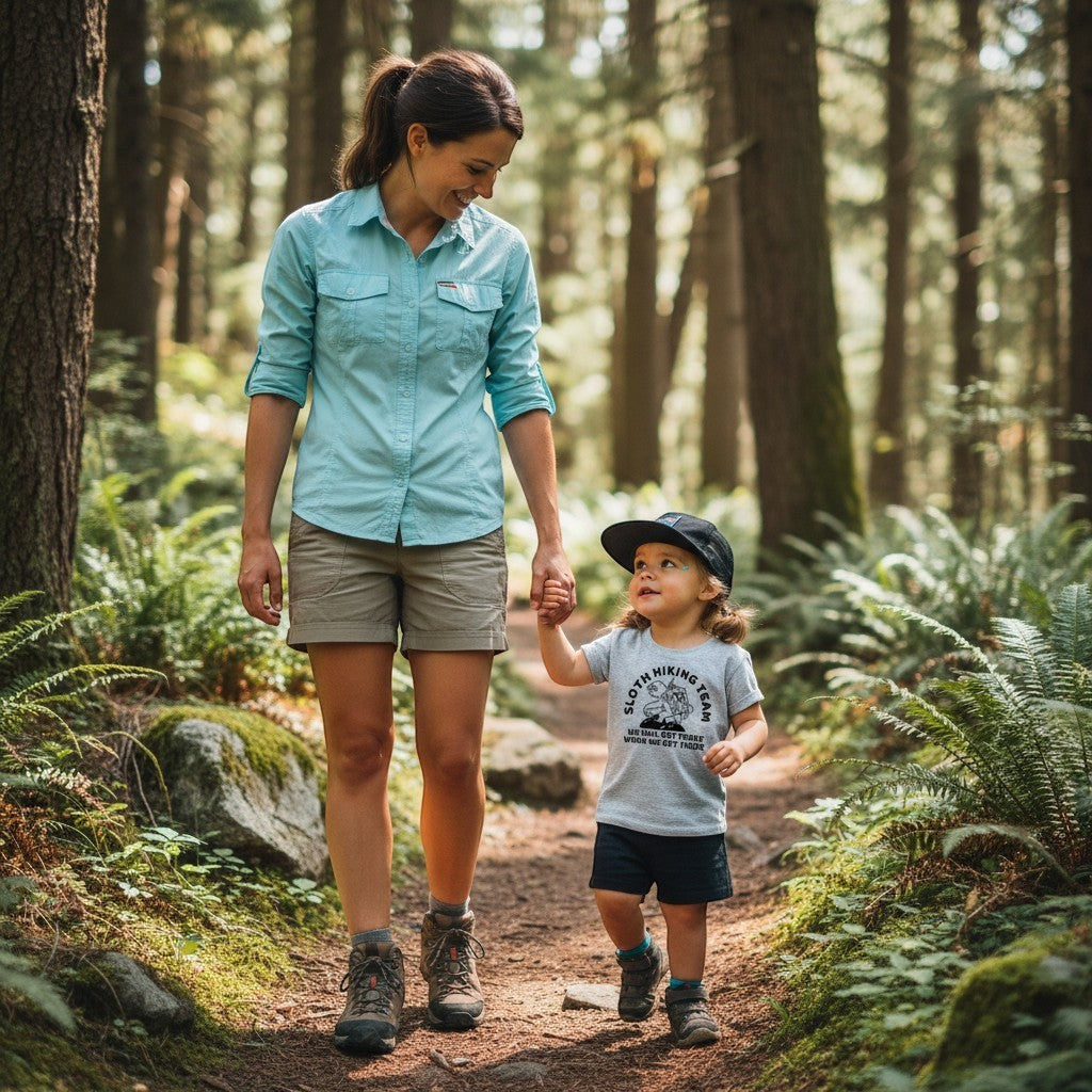 The Hocking Hills Store toddler t-shirt with sloth hiking graphic and humorous slogan, grey cotton.
