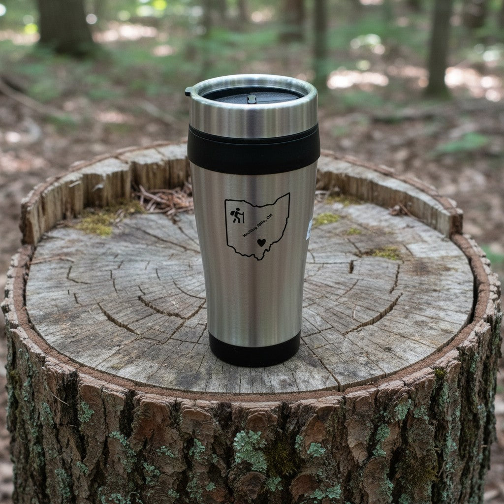 The Hocking Hills Store stainless steel travel mug with black lid and grip, featuring an Ohio outline graphic.