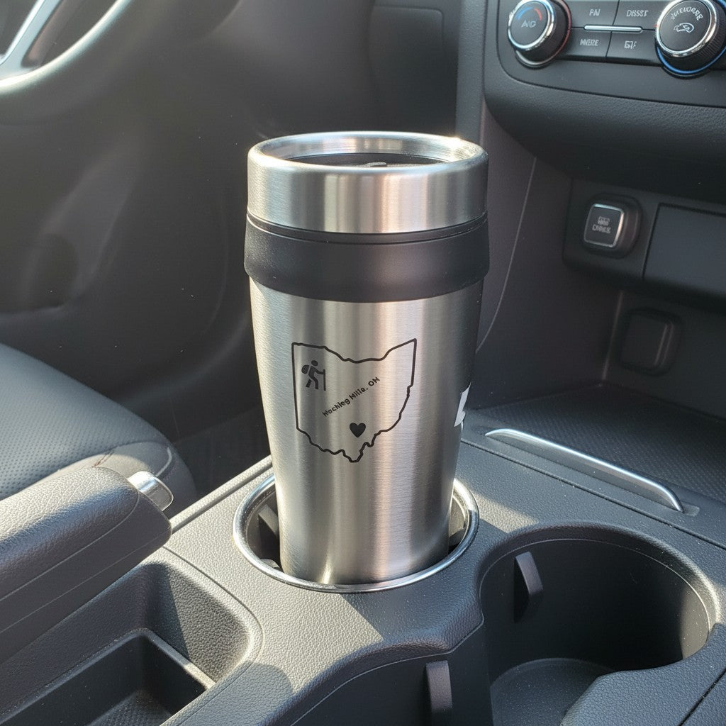 The Hocking Hills Store stainless steel travel mug with black lid and grip, featuring an Ohio outline graphic.