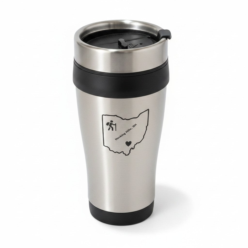 The Hocking Hills Store stainless steel travel mug with black lid and grip, featuring Ohio outline graphic.