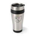 The Hocking Hills Store stainless steel travel mug with black lid and grip, featuring Ohio outline graphic.