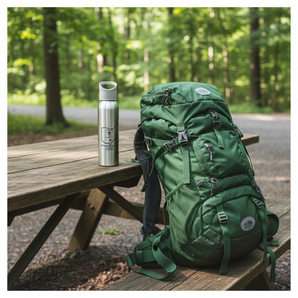 The Hocking Hills Store silver steel water bottle with grey lid and loop, featuring a map of Ohio and hiking graphic.