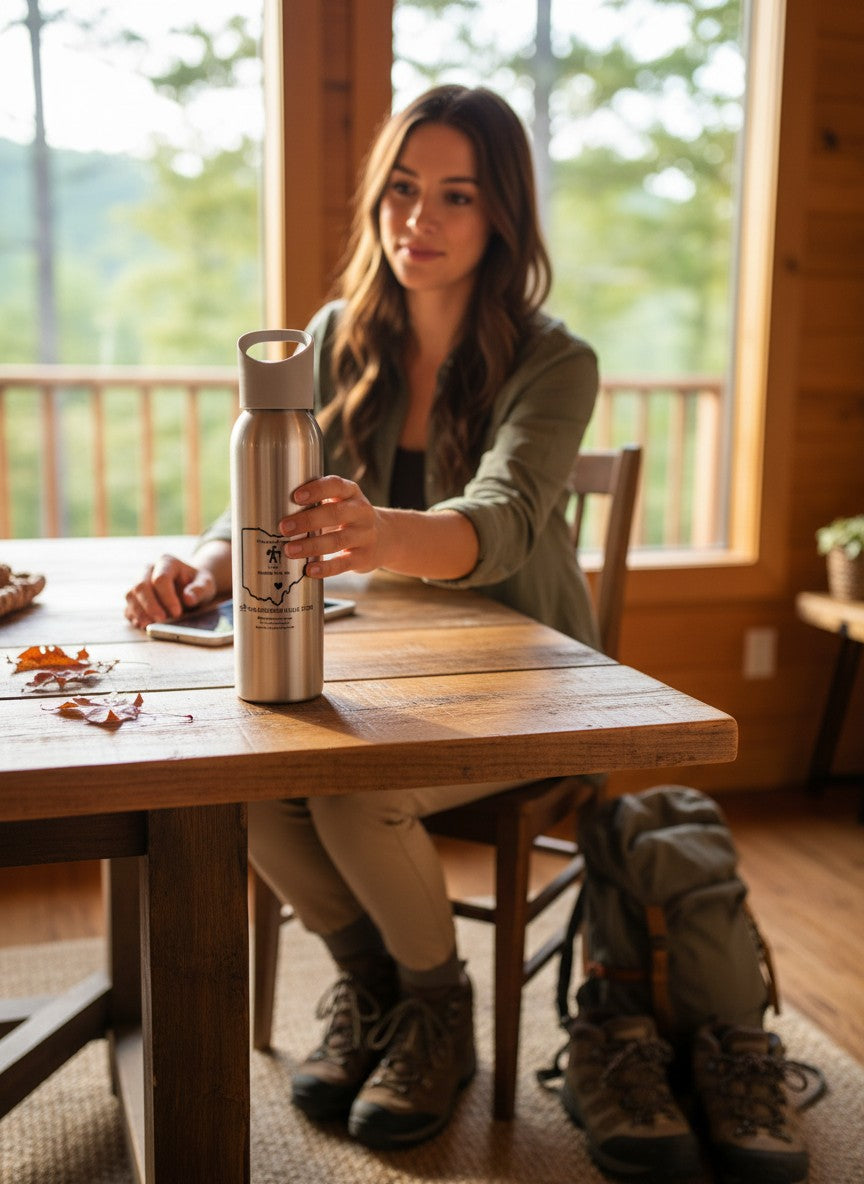 The Hocking Hills Store silver steel water bottle with grey lid and loop, featuring a graphic of Ohio and hiking.
