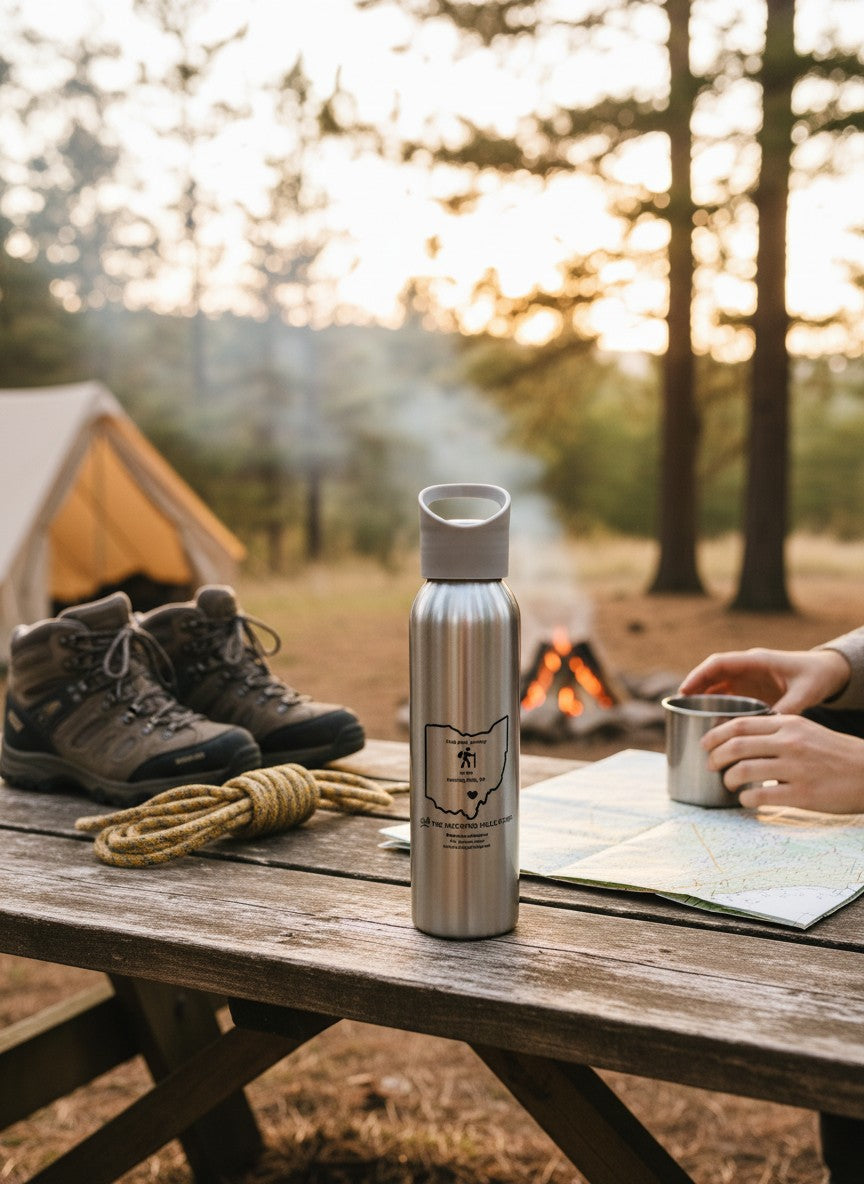 The Hocking Hills Store silver steel water bottle with grey lid and loop, featuring a graphic of Ohio and hiking.