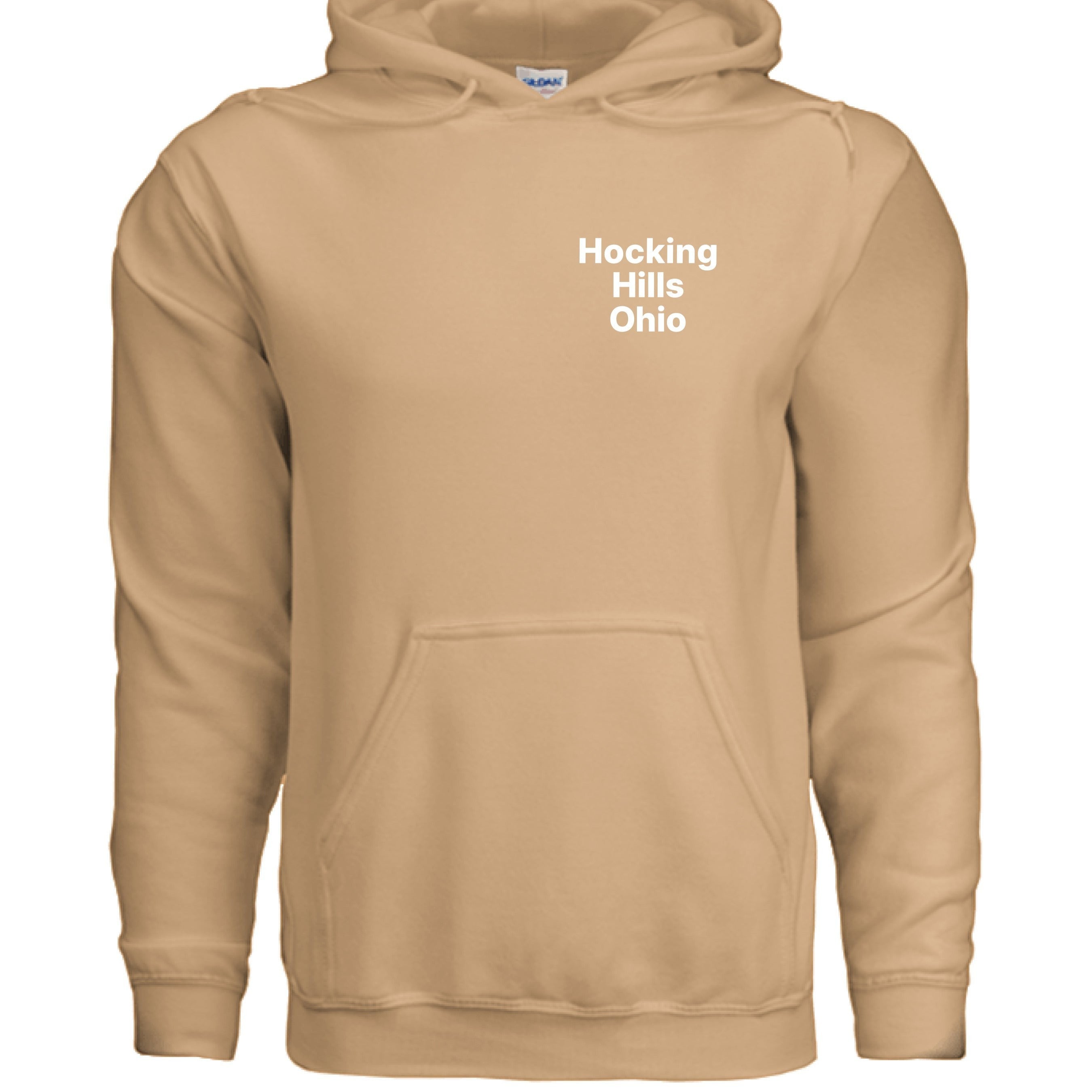The Hocking Hills Store Official Bigfoot Search Team Hoodie in tan, a 50/50 cotton polyester blend with a pouch pocket and drawstring hood.