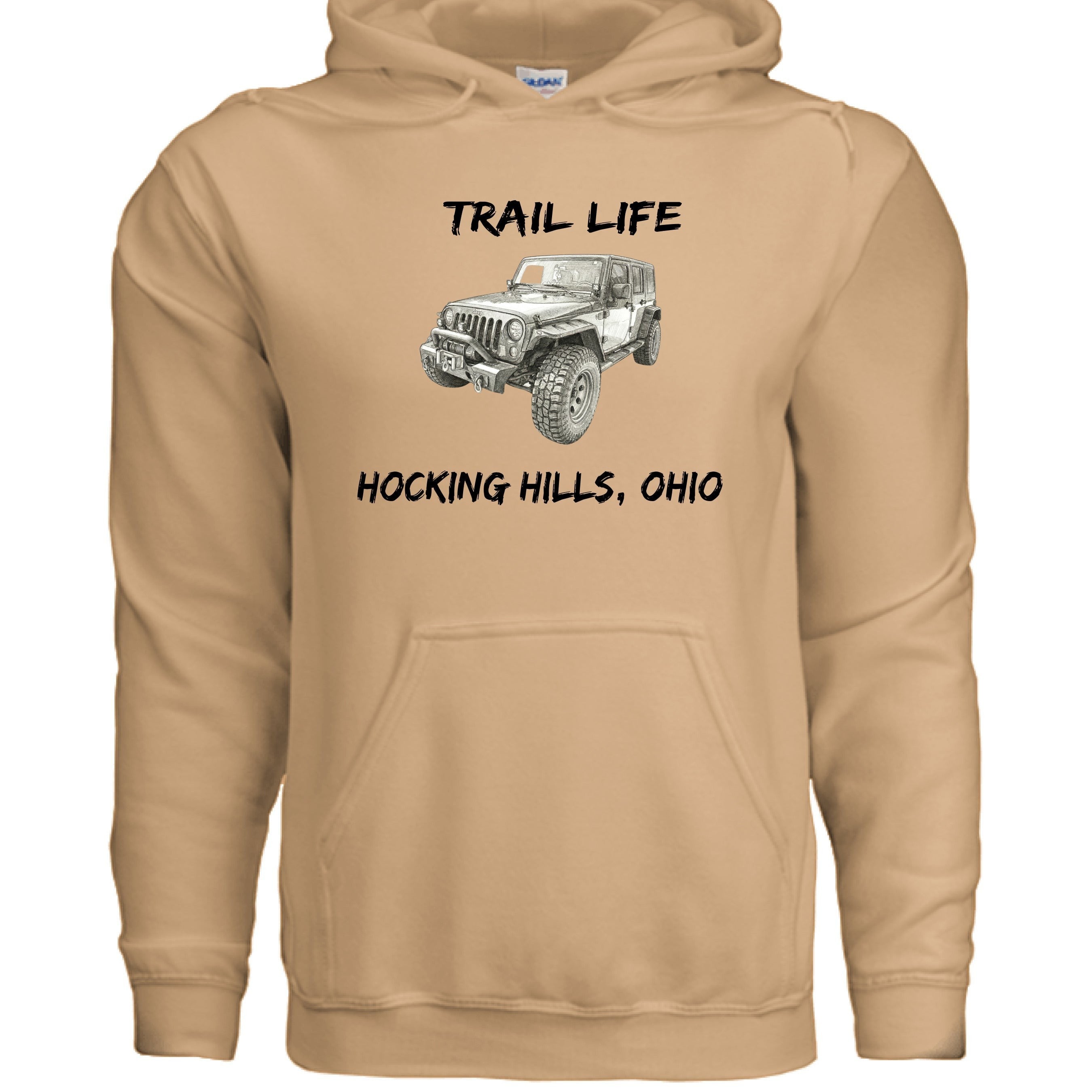 The Hocking Hills Store Trail Life Jeep Hoodie in tan, featuring a graphic of a Jeep and text "TRAIL LIFE HOCKING HILLS, OHIO".