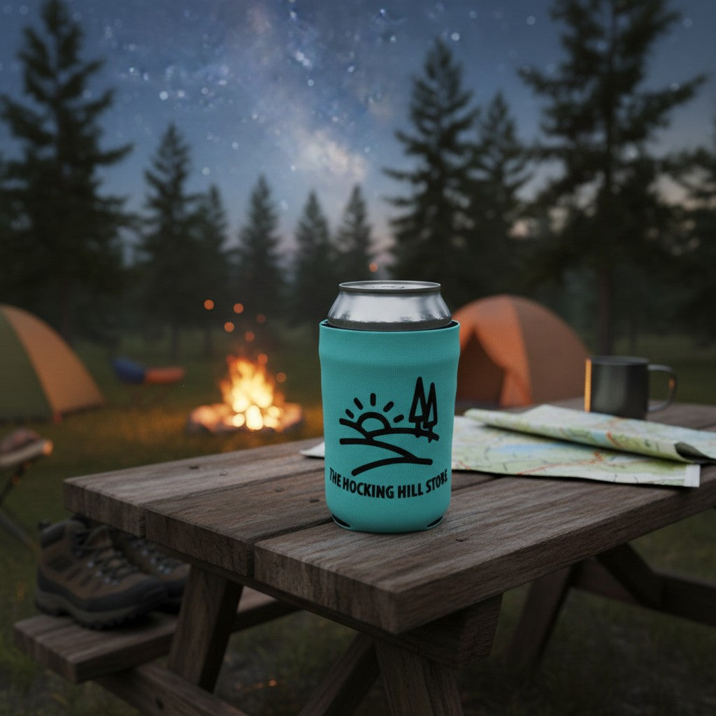 The Hocking Hills Store teal can cooler with black logo featuring a sun and trees. Holds a beverage can.