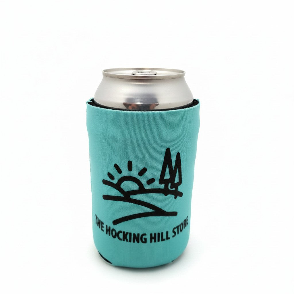 The Hocking Hills Store teal can cooler with black sun and tree logo, designed for beverages.