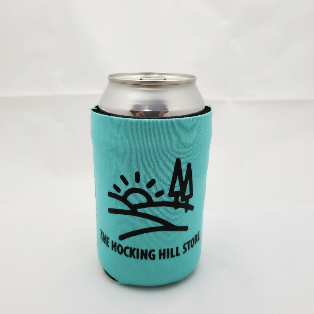 The Hocking Hills Store teal can cooler with black logo featuring sun and trees. Fits a standard bottle.