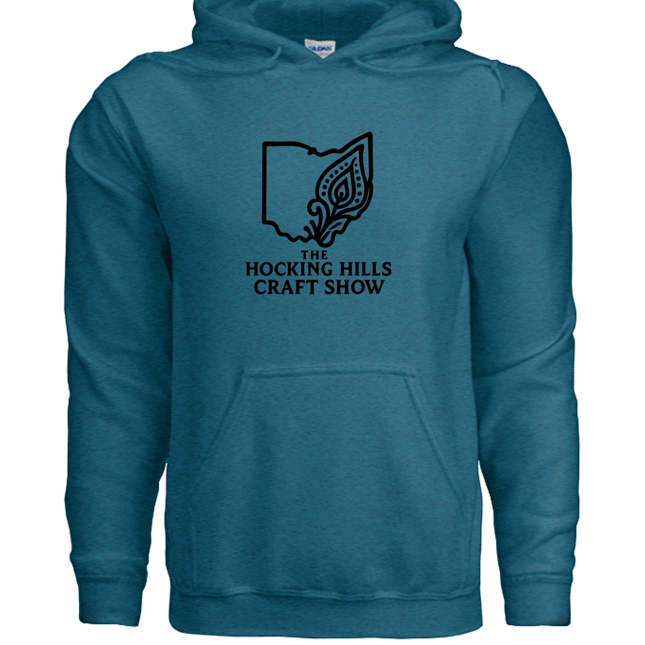 The Hocking Hills Store teal 50/50 cotton polyester blend hoodie with "The Hocking Hills Craft Show" logo.