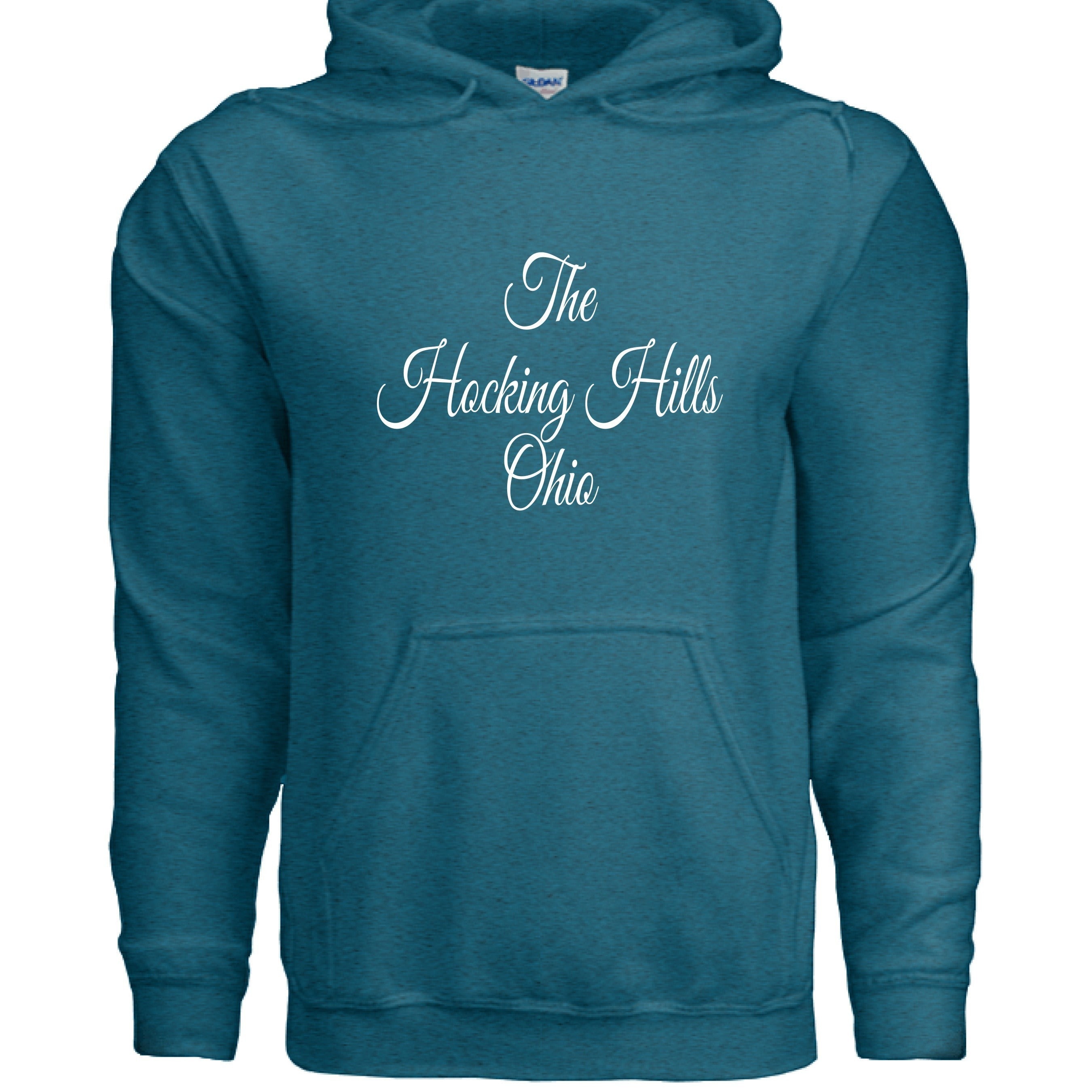 The Hocking Hills Store teal blue cotton blend hoodie with white script text.