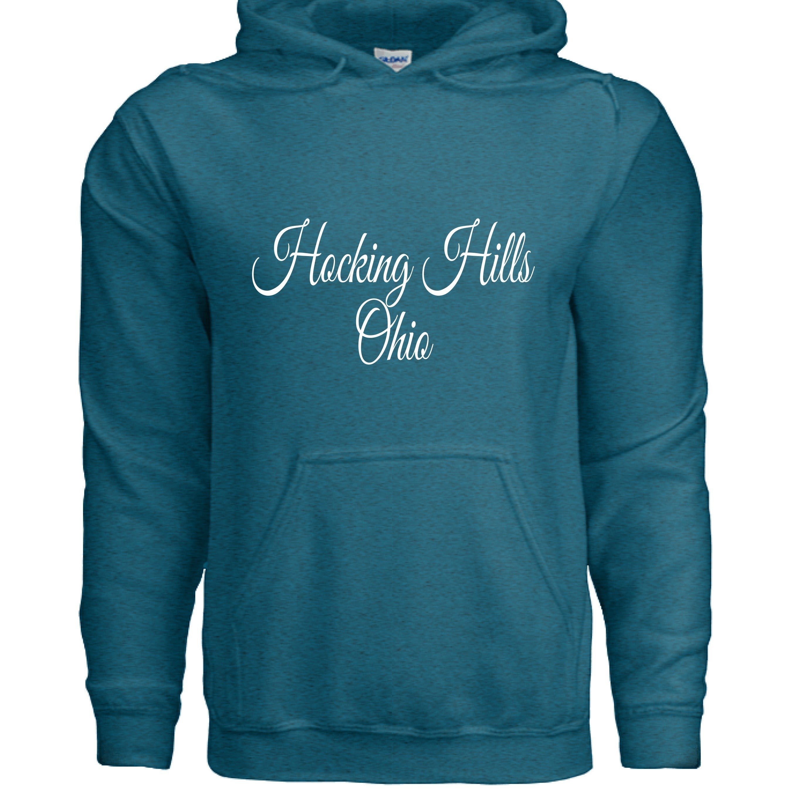 The Hocking Hills Store teal script hoodie made from a cotton-polyester blend. Features a pouch pocket and drawstrings.