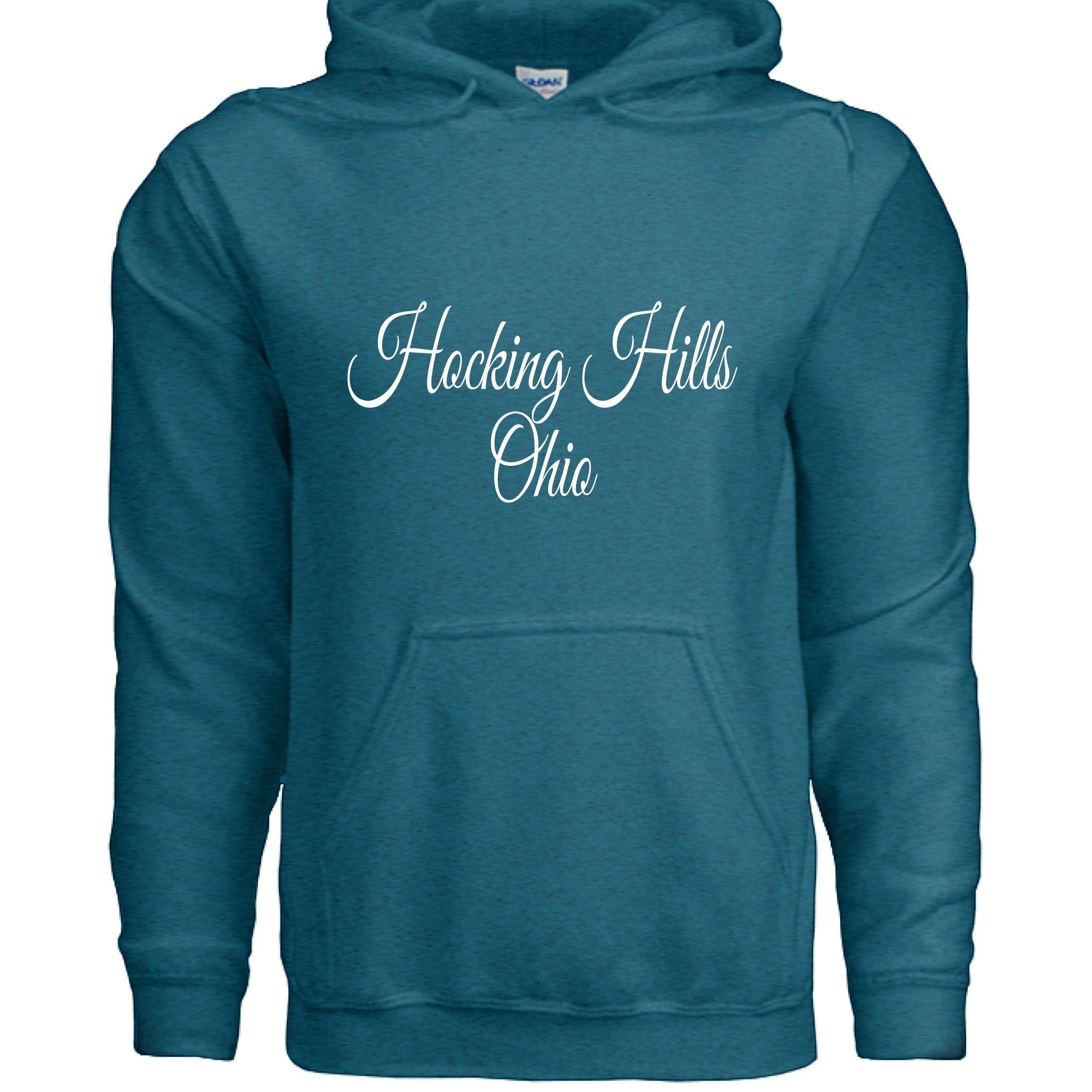 The Hocking Hills Store teal script hoodie made from a cotton-polyester blend. Features a pouch pocket and drawstrings.