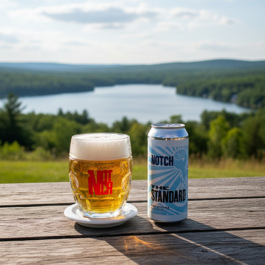 The Hocking Hills Store's The Standard Czech-style pale lager in a glass mug and can. Light golden beer with white foam.