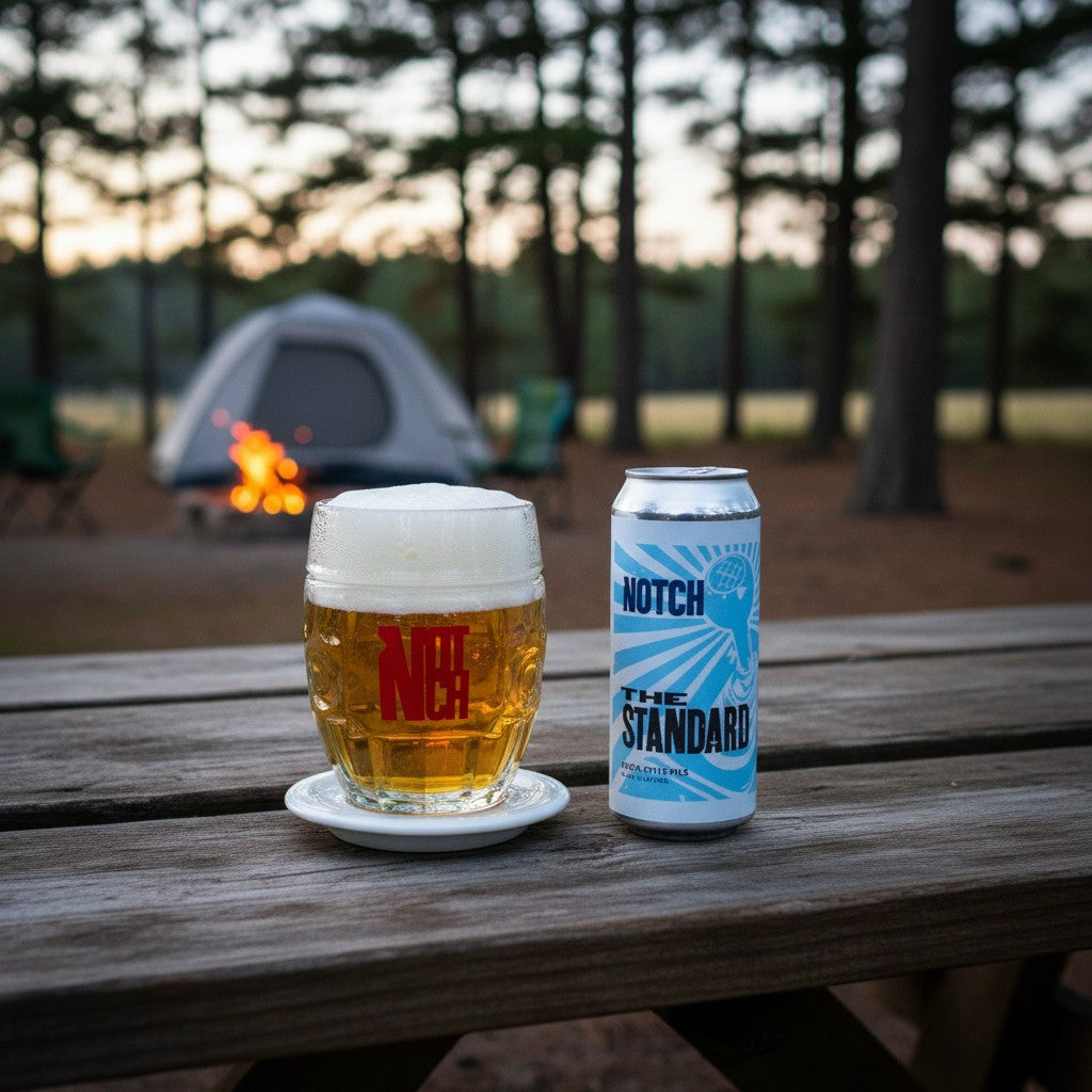 The Hocking Hills Store's The Standard Czech-style pale lager in a glass mug and can. Light golden beer with white foam.