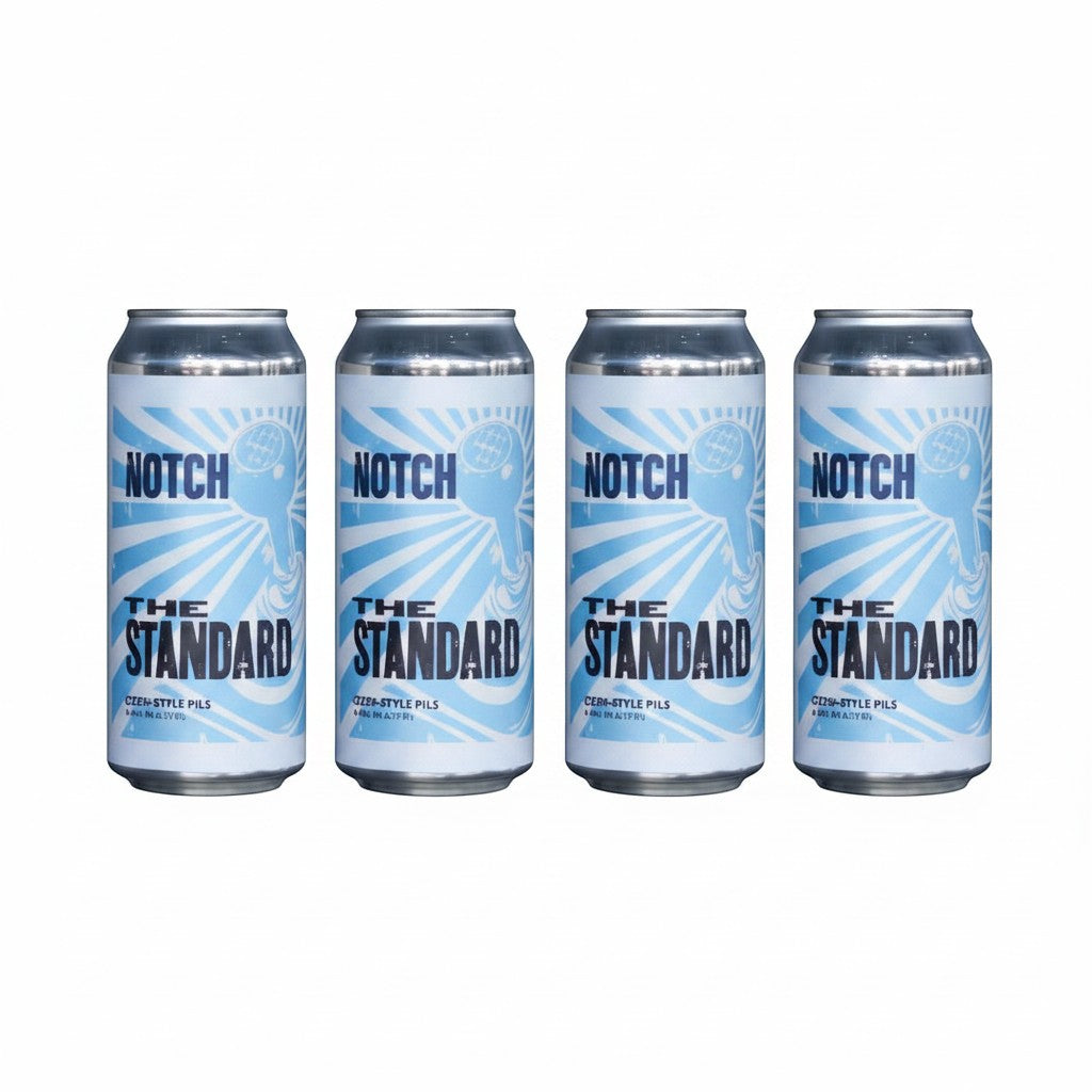 The Hocking Hills Store's The Standard Czech-style Pilsner beer cans. Pale lager with blue and white labels.
