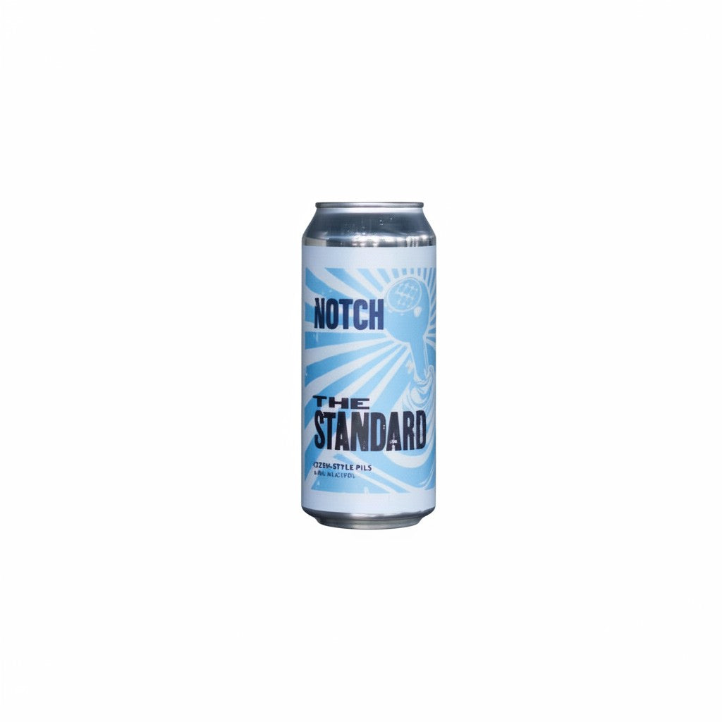 The Hocking Hills Store's The Standard Lager can, featuring blue and white radial design with 'Notch' and 'The Standard' text.