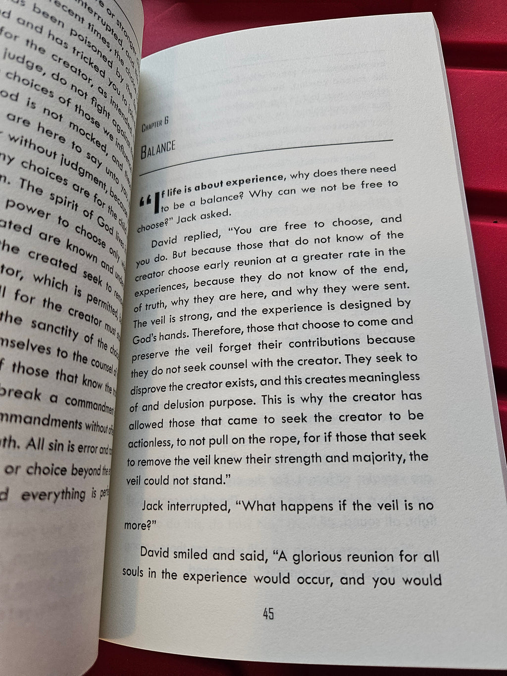 The Hocking Hills Store's "The Veil: A Journey to the Other Side" book, chapter 6, page 45, discussing balance and the afterlife.