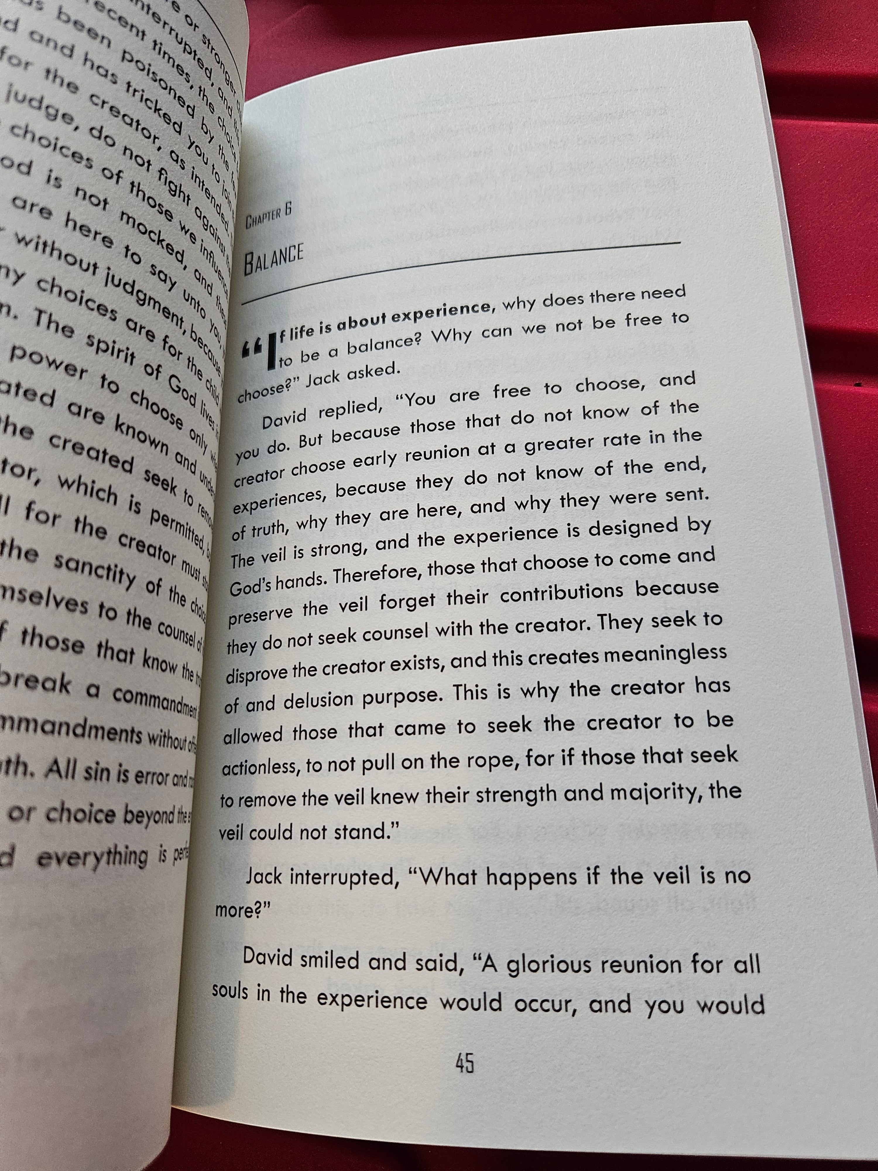 The Hocking Hills Store's "The Veil: A Journey to the Other Side" book, chapter 6, page 45, discussing balance and the afterlife.