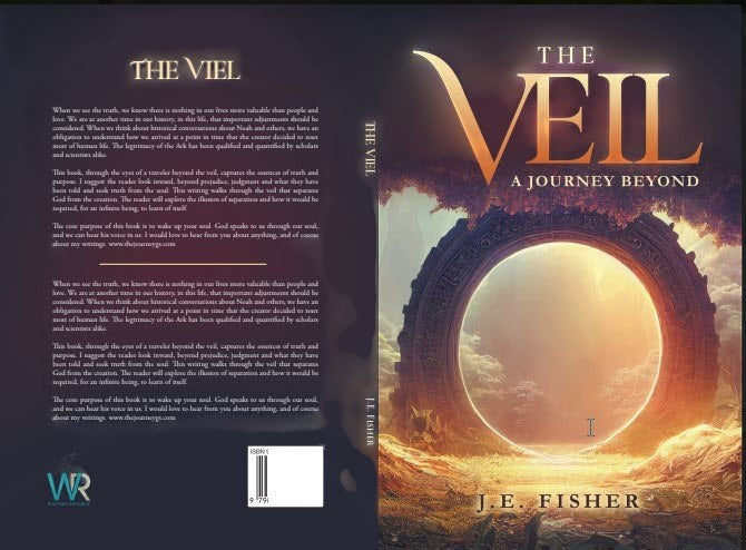 The Veil: A Journey Beyond book cover by J.E. Fisher, featuring a mystical archway with golden light, symbolizing a passage to another realm. The Hocking Hills Store.