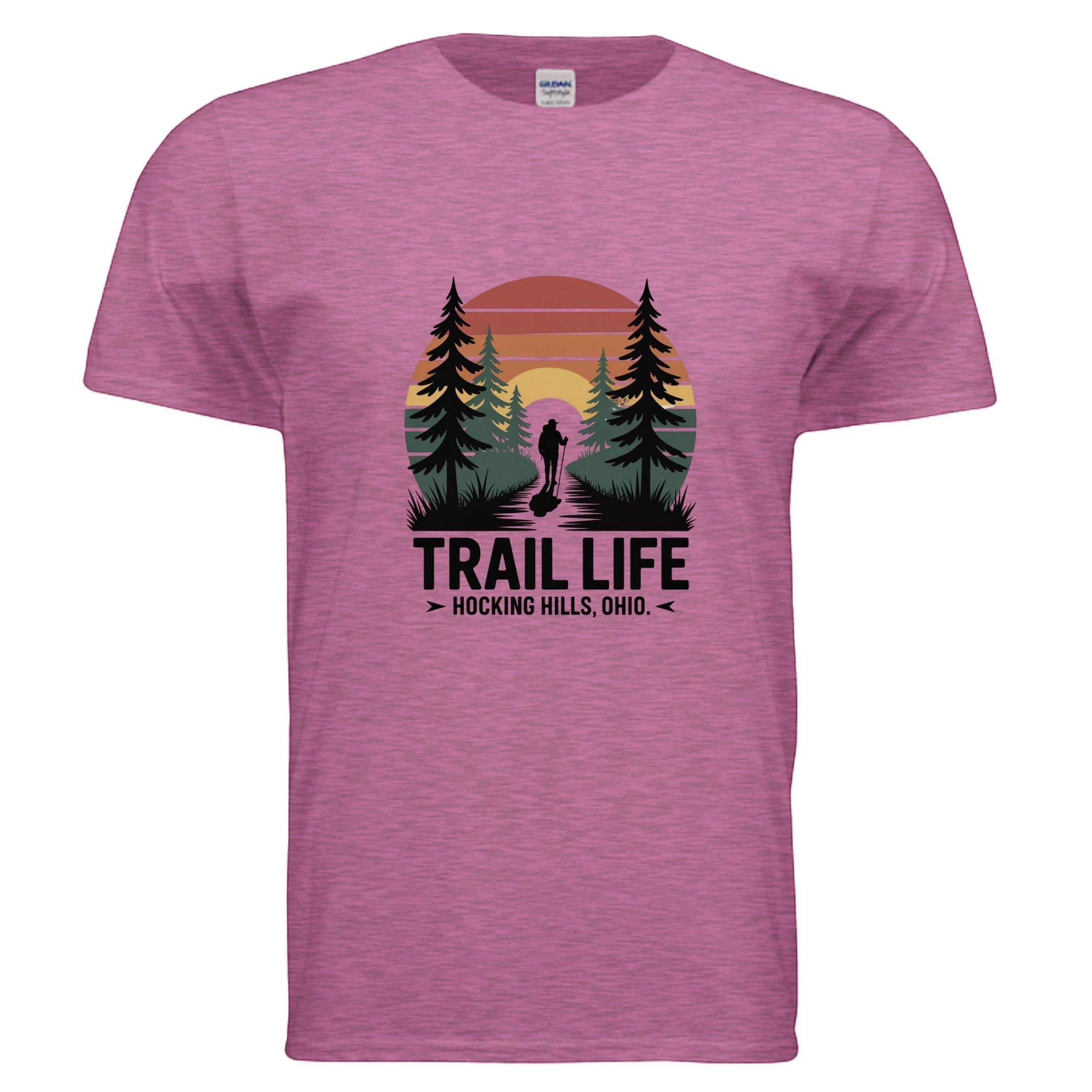 The Hocking Hills Store Trail Life t-shirt in heathered pink, featuring a graphic of a hiker on a trail at sunset with pine trees.