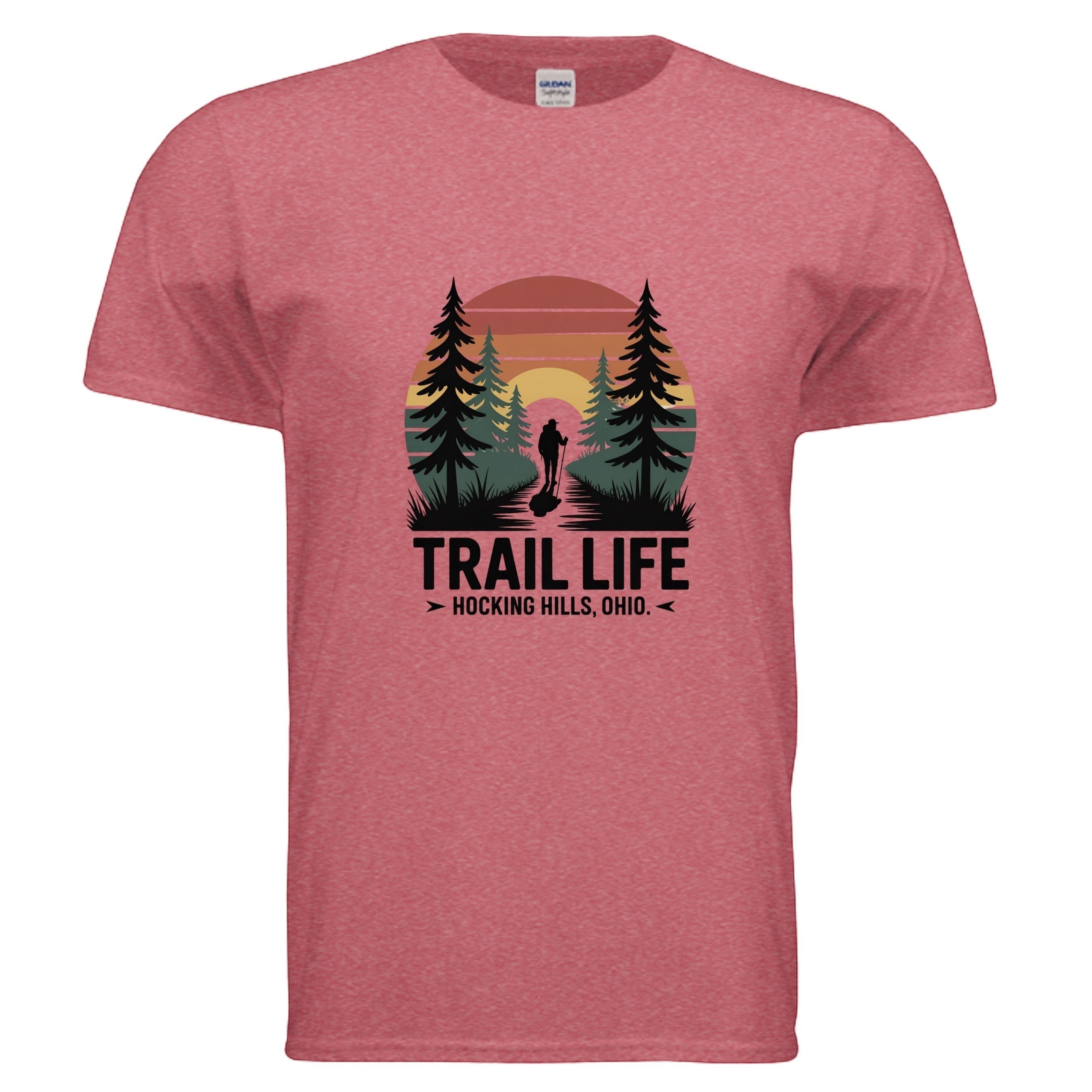 The Hocking Hills Store heather red cotton t-shirt with a "Trail Life" graphic featuring a hiker on a path with trees and a sunset.