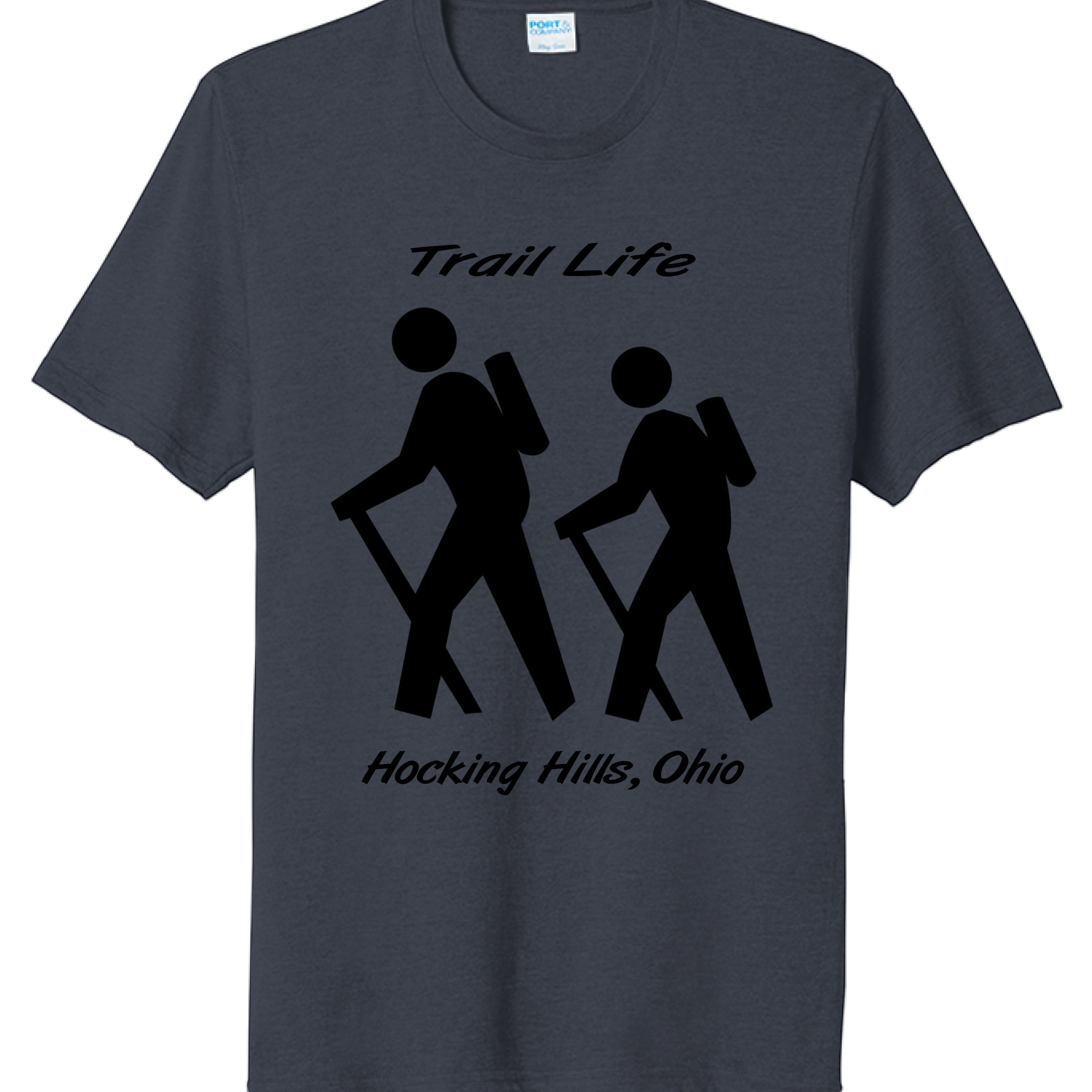 The Hocking Hills Store dark grey tri-blend t-shirt with black graphic of two hikers and text 'Trail Life Hocking Hills, Ohio'.