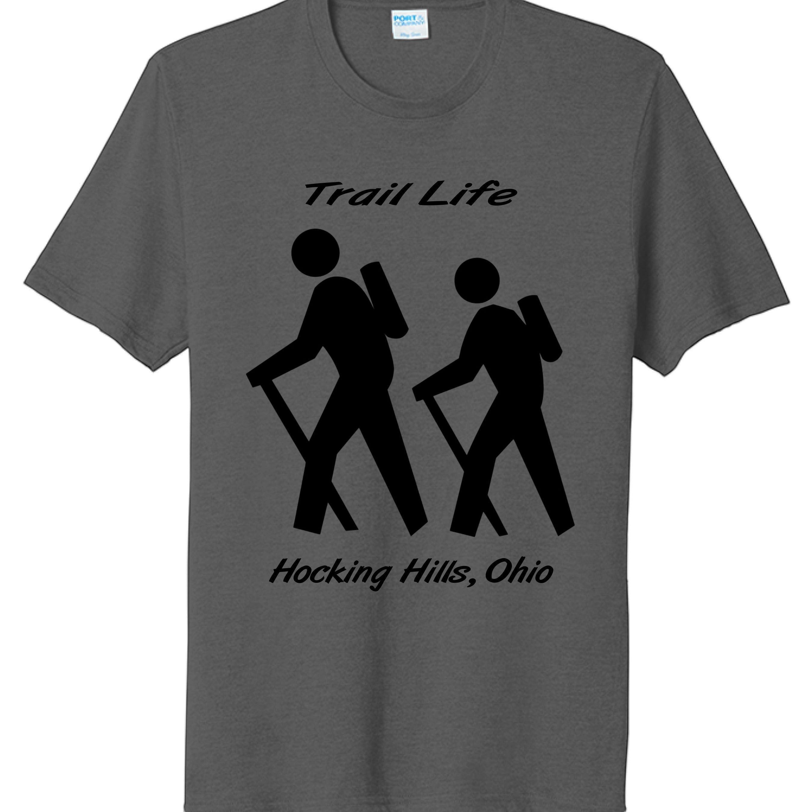 The Hocking Hills Store grey tri-blend t-shirt with "Trail Life" and hikers graphic. Comfortable, lightweight, ideal for outdoor enthusiasts.