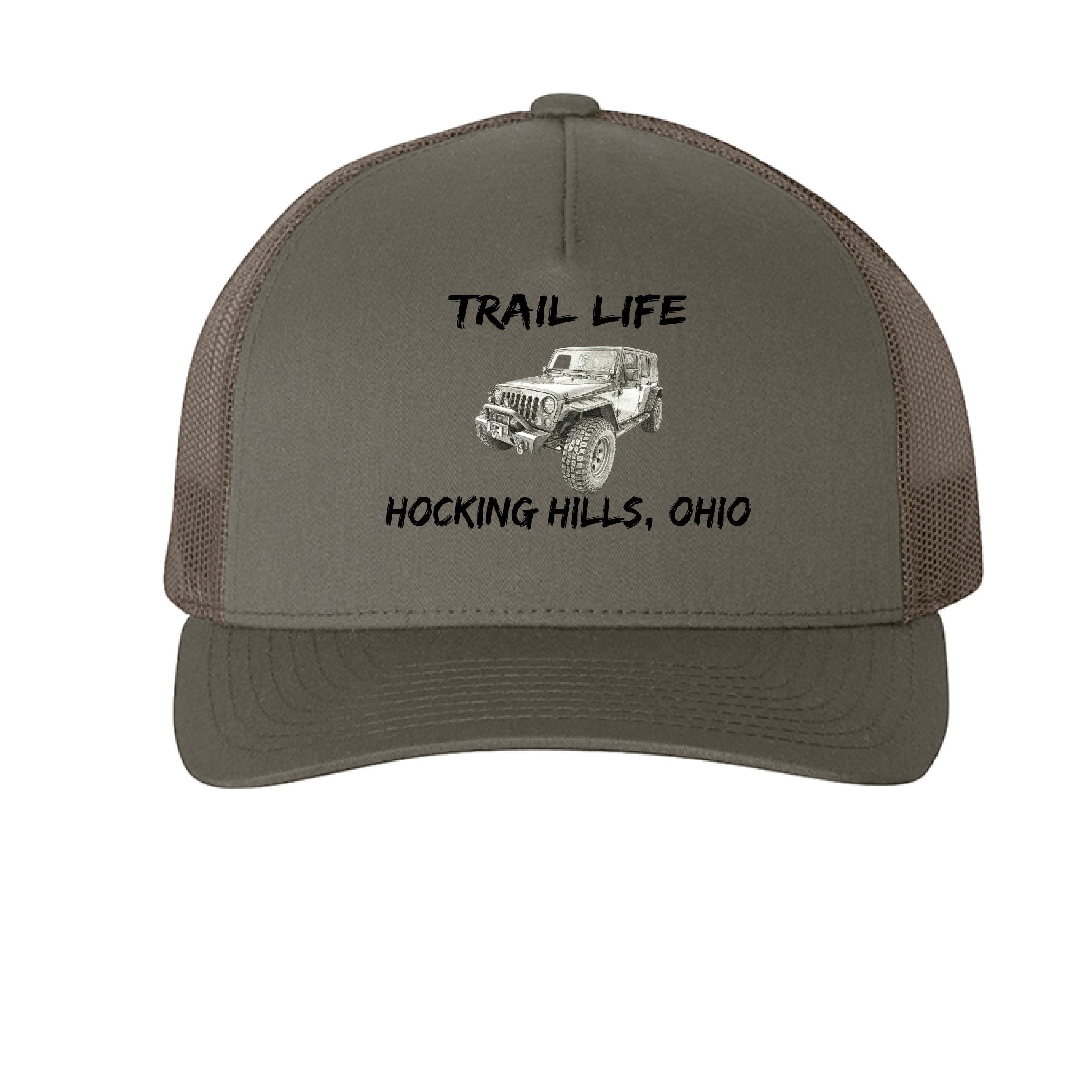 The Hocking Hills Store Trail Life Jeep Hat is a brown trucker cap with a mesh back and a graphic of a Jeep.