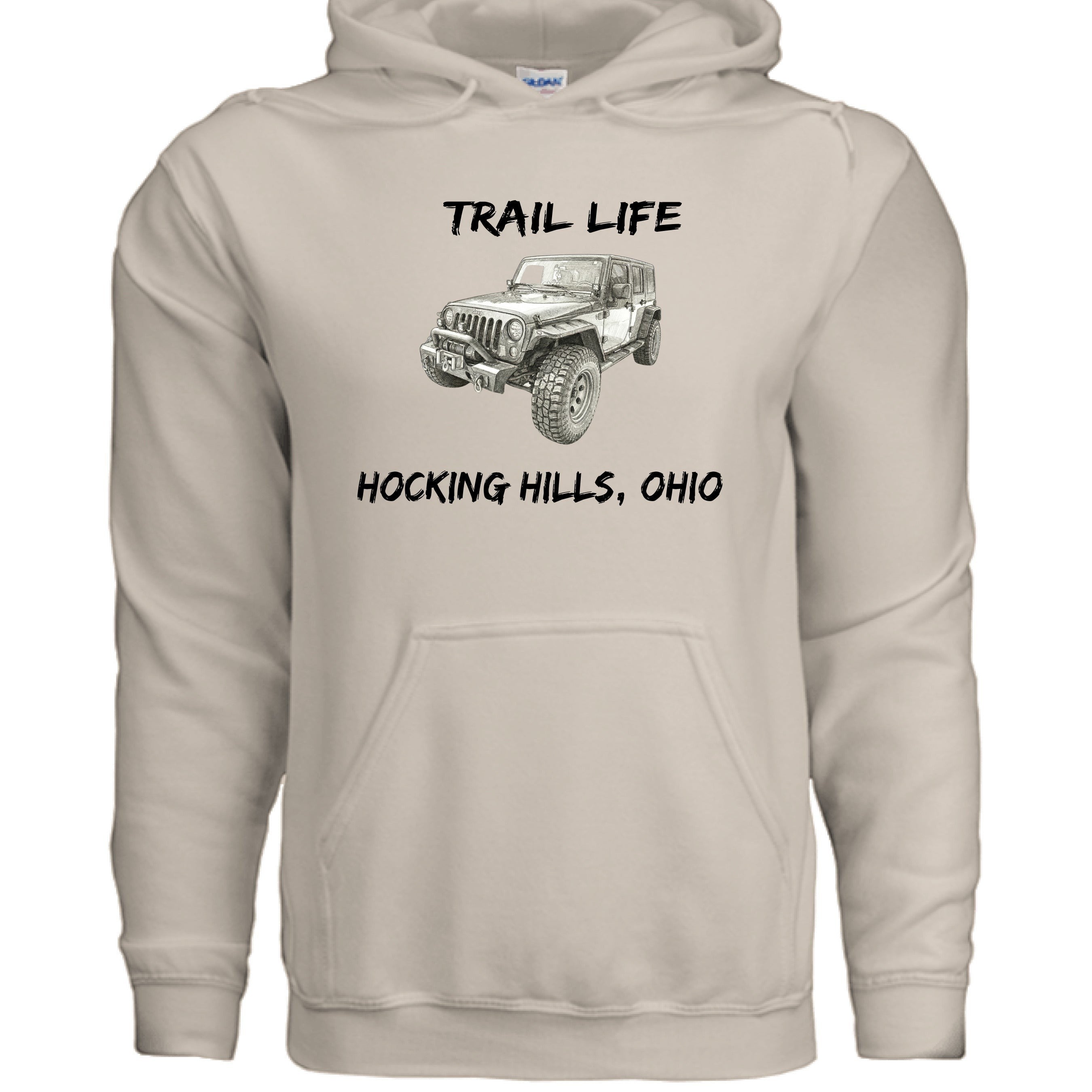 The Hocking Hills Store Trail Life Jeep Hoodie in beige, featuring a graphic of a Jeep and text.